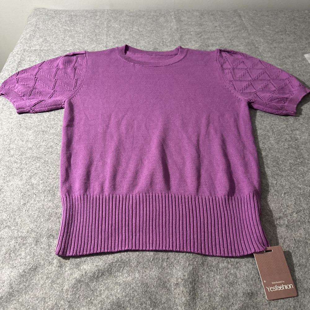 Knit Top Short Puff Sleeve Knit Romantic Cottagecore Short Sleeve Ribbed M Purpl